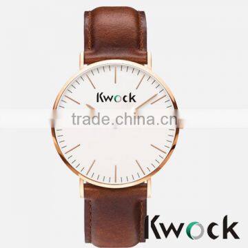 China Factory Manufacture Fashion Ultrathin Stainless Steel Watch With Genuine Leather Strap Steel WristWatch