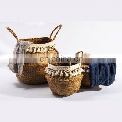 HBK folding collapsible plant pot big round flowerpot baby change blanket wicker nesting seagrass rattan laundry belly basket