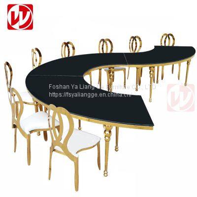 Dubai Luxury Wedding Rental Serpentine Table Gold Stainless Steel Glass Banquet Table photo-5