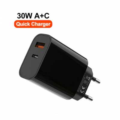 30 Вт адаптер быстрой зарядки USB - C и USB - A на основе GaN с технологией QC3.0, компактный настенный адаптер PD для iPhone, Samsung и iPad