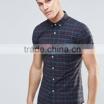 2016 Summer Short Sleeves Tartan Check Skinny Shirt In Navy with Button Collar