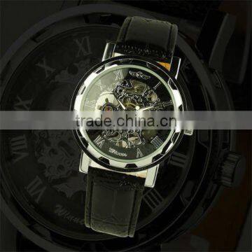 WM090 New Men's Black Dial Leather Band Strap Luxury Stainless Case Hand-Wind Up Mechanical Wrist Watch