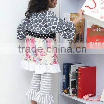 Classical Two Pieces Infant Kids Clothing Gray Ruffle Striped Shorts Newborn Baby Kids Gift Set Hot Sell Baby Girl Fall Cotton photo-3