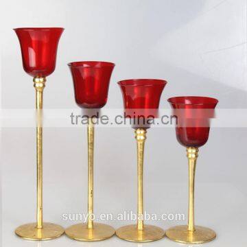 Mouthblown red color Long gold Stem set of 3 Glass Candle Holder for wedding