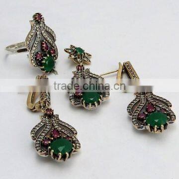 Unique Design !! Turkish Multi Colour 925 Sterling Silver 4 Pieces Set, Unique Silver Jewelry, Silver Jewelry 925