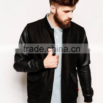 mens wool bomber jacket with PU sleeves