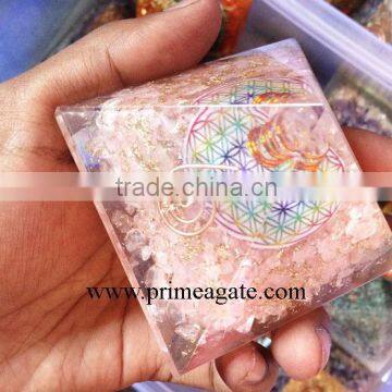 Orgone Rose Quartz Flower of Life Chakra Pyramid With Charge Crystal Point