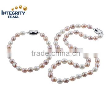 High quality pearl jewelry set 7mm rice AAA 925 silver freshwater pearls set