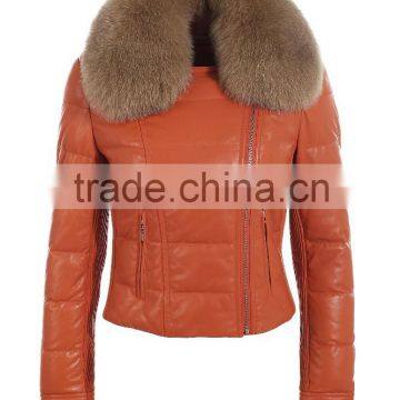 hot sale winter short real leather down coat with fur collar