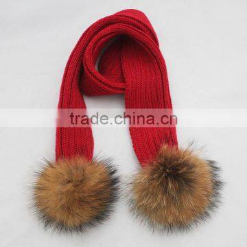 Myfur 2016 Red Color Baby Knitting Striped Scarf With Real Raccoon Fur Pom Poms Wholesale
