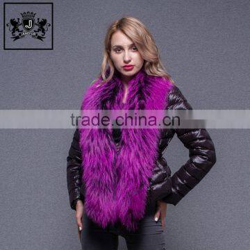 Custom women high quality black down jacket with colorful raccoon fur collar