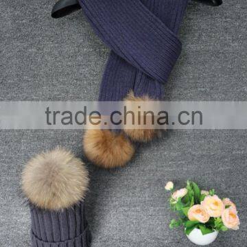 Raccoon Fur Pom Pom Ladies Knit Scarf Hat Set With Striped Design