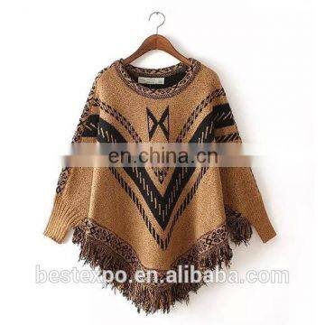 wholesale latest design women winter fashion sweater with sleeve knit fringe poncho coats