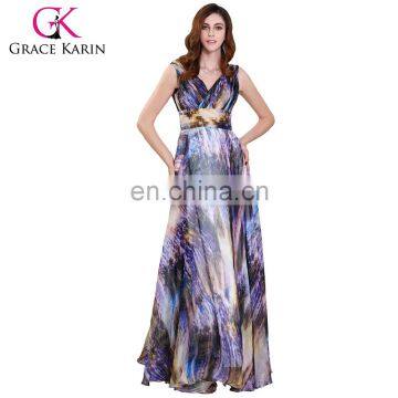 Grace Karin V neck Sleeveless Chiffon Ball Gown Printed Prom Party Dress GK000115-1