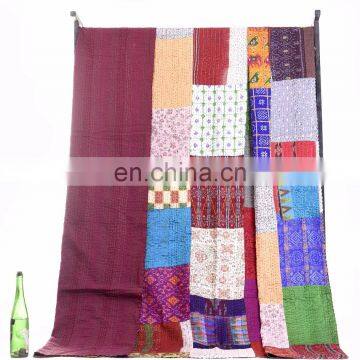 Indian Beautiful Silk Sari Patchwork Kantha Quilt Queen Bedding Throw Reversible Bedspread