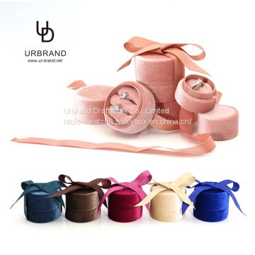 Custom wholesale small jewelry packaging round box shining velvet ring box customized color jewellery necklace gift box with ribbon