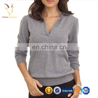 New Design Fashion V Neck Cashmere Sweater with Lapel Collar for Ladies