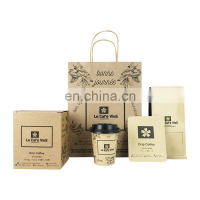 custom Logo printed biodegradable coffee set take away food bag kraft paper with handles