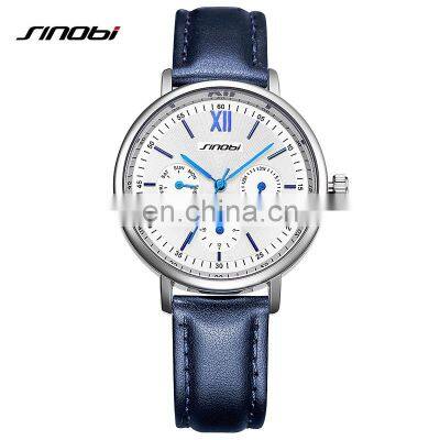 SINOBI Casual Lady's Quartz Wristwatch Chronograph Watch Three Eyes Subdials Leather Band Strap Quartz Movement Watches S9712L