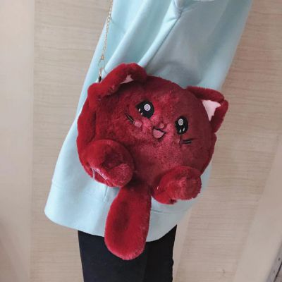 019Plush Cat Shaped Cute Backpack for Girls Diagonal Straddle Bag Artificial Fur Bag Soft Long Chain Bag Rabbit Bag