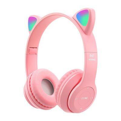 P47M LED light Cute Cat Ears Wireless Headphones with Mic Kid Girl Stereo Music Helmet Phone Bluetooth-compatible Headset