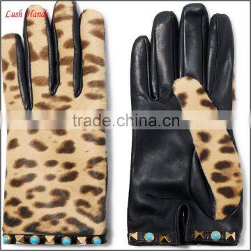 Embellished leopard-print pony hair and leather gloves for lady