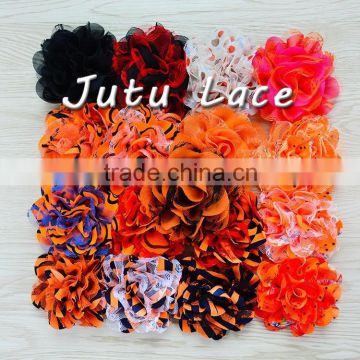 Halloween - Orange / Black Lace - Large 3.75" Chiffon & Lace Flower -hair accessories