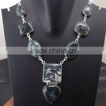 Moss Agate Necklace plated 925 Sterling Silver 59 Gms 18-20 Inches