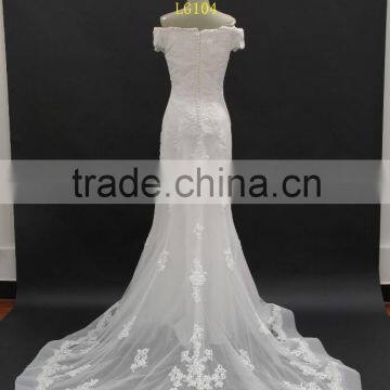 Off-shoulder Straight Neckline Horse Tail at Hem Make Ruffle Effect Sheath Wedding Dress photo-5
