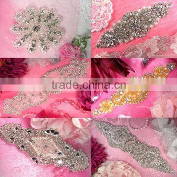New Design Bridal Beaded Rhinestone Trimming Applique For Wedding Sash Crystal Bridal Applique For Wedding Dress
