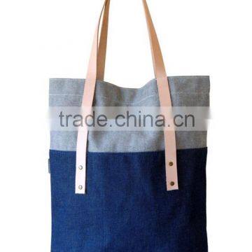 Custom large denim tote bag with leather trim