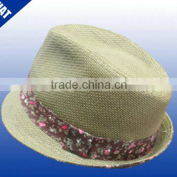 Beige straw woven mens fedora hats with ribbon