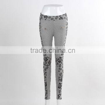 F5W31069 Women Flower Print Two Front Zippers Leggings