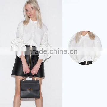 Women's White Stand Collar Roll-up Sleeve Long Blouse photo-2