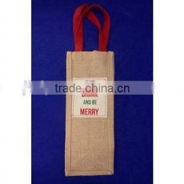 single Bottle Jute Gift Bag MERRY Eco-Friendly Holiday wine Tote bag