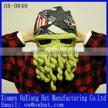 China manufacturer green 100% acrylic octopus style winter knitting beard hat