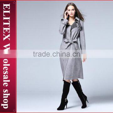 2015 European Design Gray woman long overcoat with belt