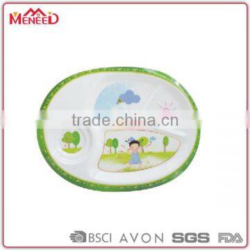 Food contact oval shape kindergarten canteen school 3 sectioal melamine plate