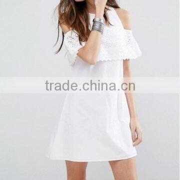 Fashion Women Lace Insert Shift Dress Cold Shoulder A-line Mini Dress Female Vestidos