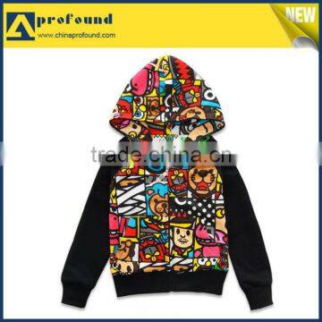 OEM 100% Cotton raglan sleeve allover full printing zipper kids hoodies children