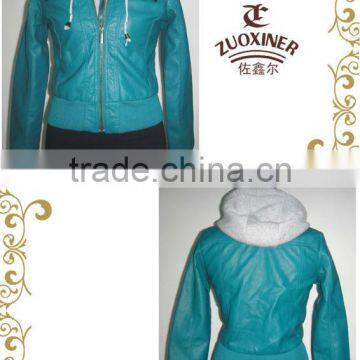 Popular woman malange fleece hoody PU jacket ,zip clousure leather jacket