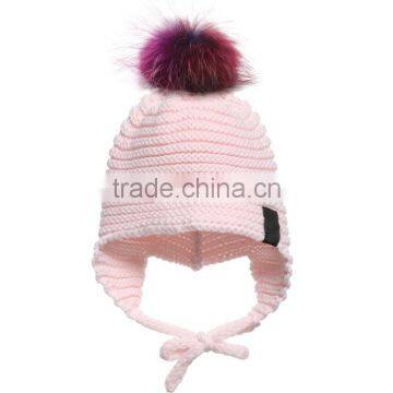 Myfur Removable Raccoon Fur Pompom Crochet Baby Hat with Earflap