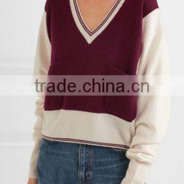 V-Neck Burgandy and Ivory Color Combination Women's Cashmere Sweater in Raglan Sleeves Design photo-2