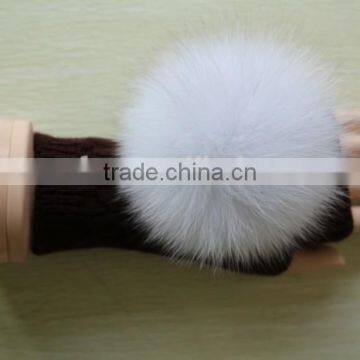 Simple Customized design promotional acrylic knit gloves maker with 10cm fox fur pompom