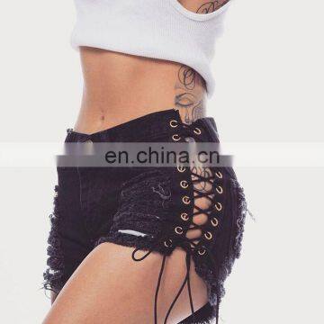 Black Sexy Short Jeans 100%cotton Tie Hollow Out Washed Hollow Out Mini Pant Wholesale photo-2