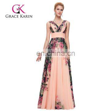 Grace Karin Elegant Deep V-Neck Sleeveless Chiffon Long Printed Floral Big Size Women Dress Evening Dress CL7502