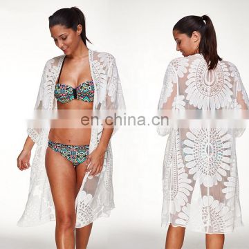 Beach dress floral embroidery swimwear women robe beach cardigan bathing suit cover ups for swimming