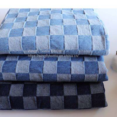 10oz 100%Cotton Jacquard Blue Checkered Fabric Washed Denim Material W068 photo-5