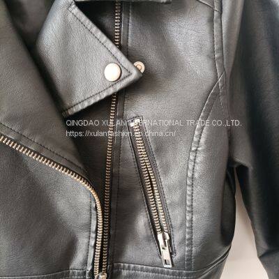 Spring/Autumn Women's Washed Eco Leather Motorcycle Biker Jacket photo-4