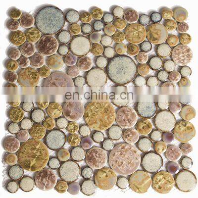 Flambed glazed penny round ceramic pebble mosaic tile